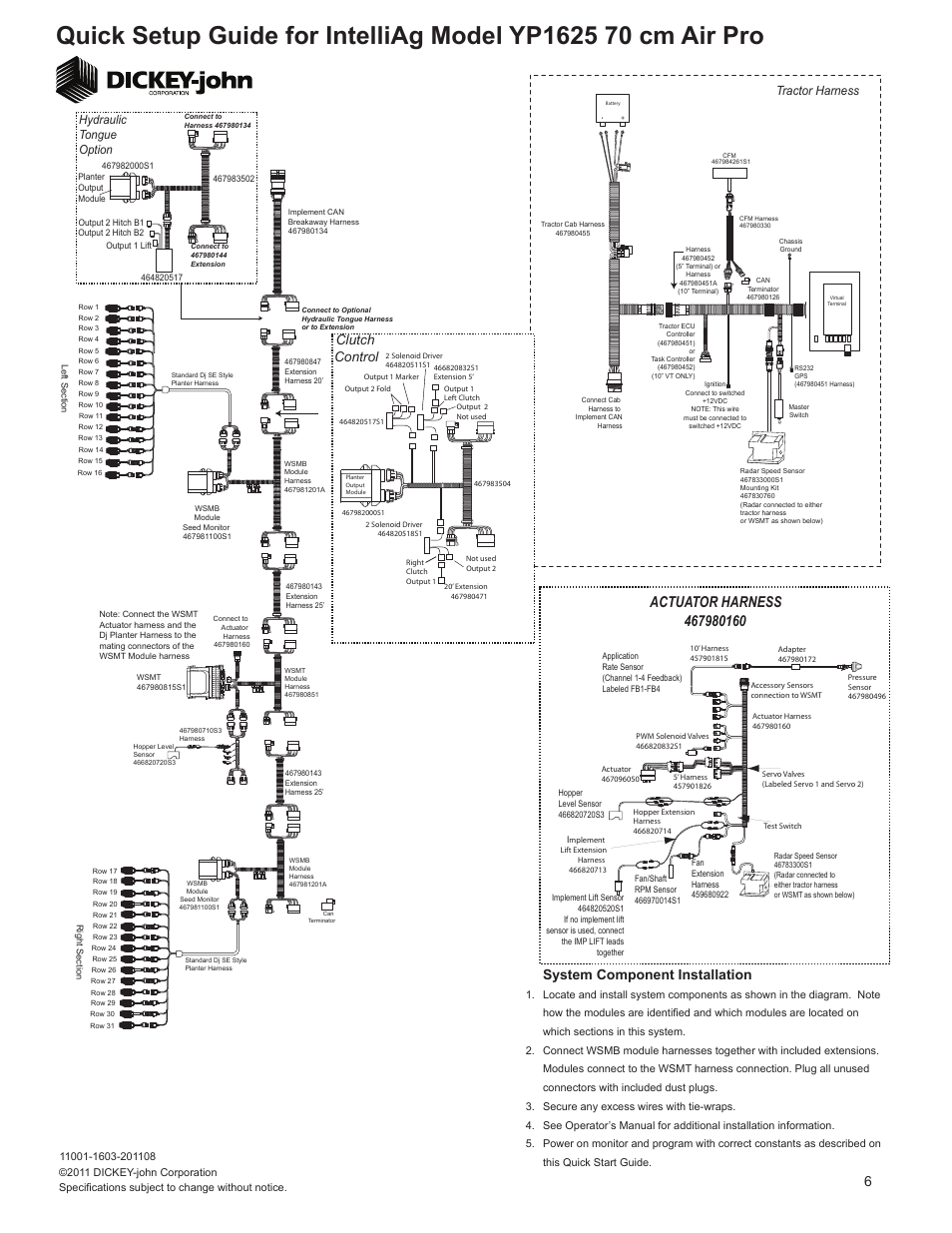 System component installation, Clutch control, Tractor harness | Hydraulic tongue option | Great Plains YP1625A-1670 16 Row 70 cm Quick Start User Manual | Page 6 / 6