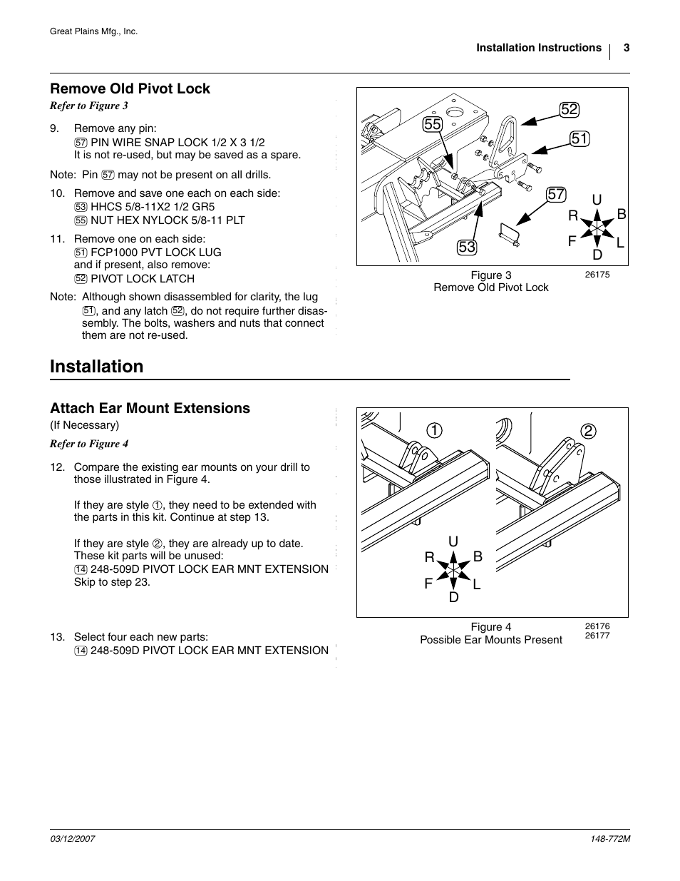 Remove old pivot lock, Installation, Attach ear mount extensions | Great Plains V300F Assembly Instructions User Manual | Page 3 / 8
