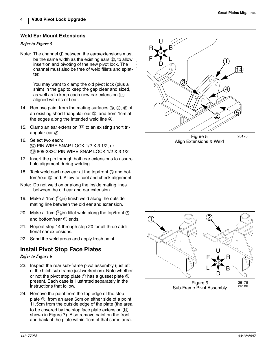 Weld ear mount extensions, Install pivot stop face plates, Skip to step 23 | Great Plains V300F Assembly Instructions User Manual | Page 4 / 8