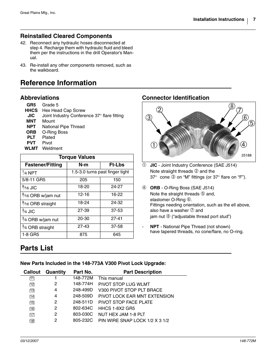 Reinstalled cleared components, Reference information, Abbreviations | Connector identification, Parts list, 509d pivot lock ear mnt extension, To an e, 232c pin wire snap lock 1/2 x 3 1/2, 511d pivot stop face plate, 499d v300 pivot stop plt brace | Great Plains V300F Assembly Instructions User Manual | Page 7 / 8