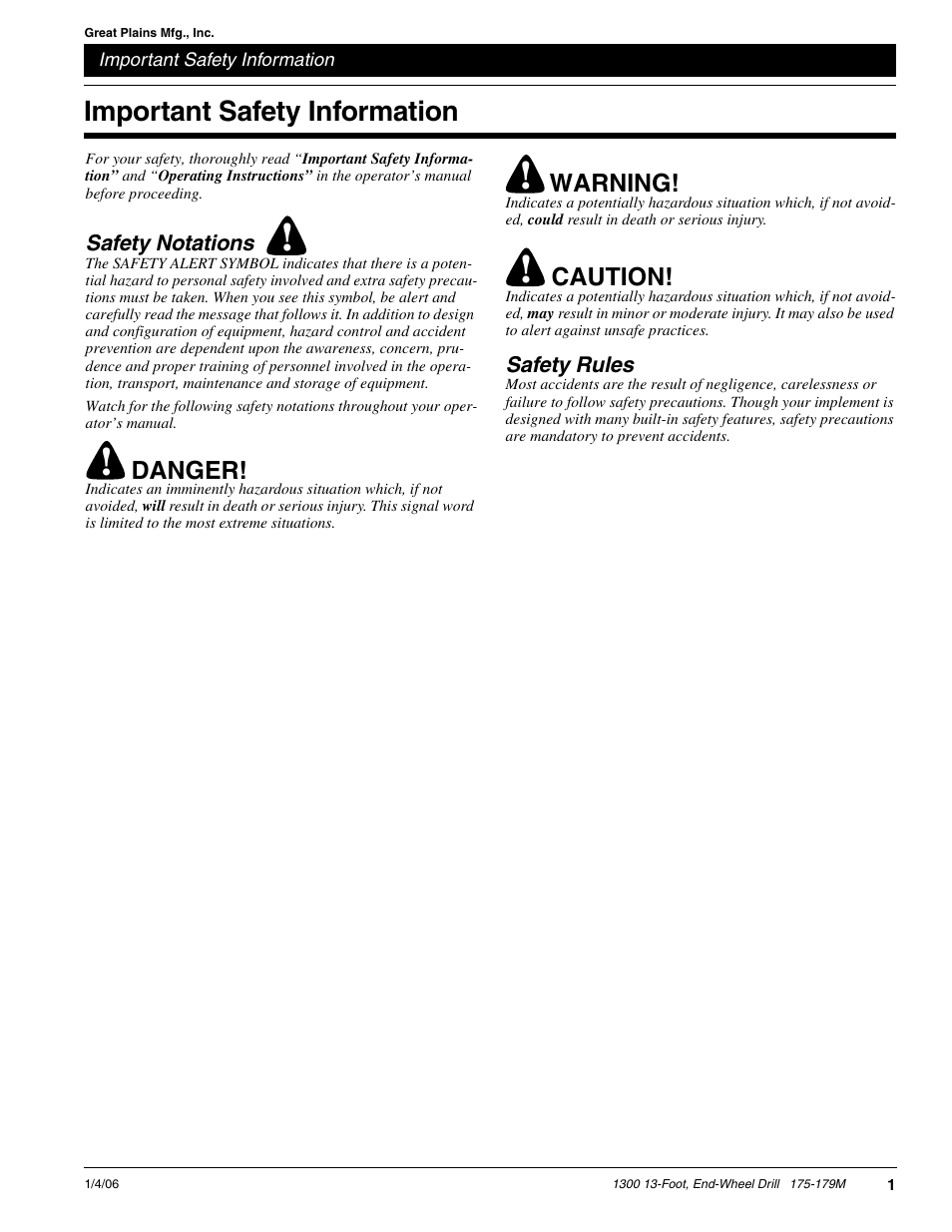 Important safety information | Great Plains 1300 13-Foot Predelivery Manual User Manual | Page 3 / 8