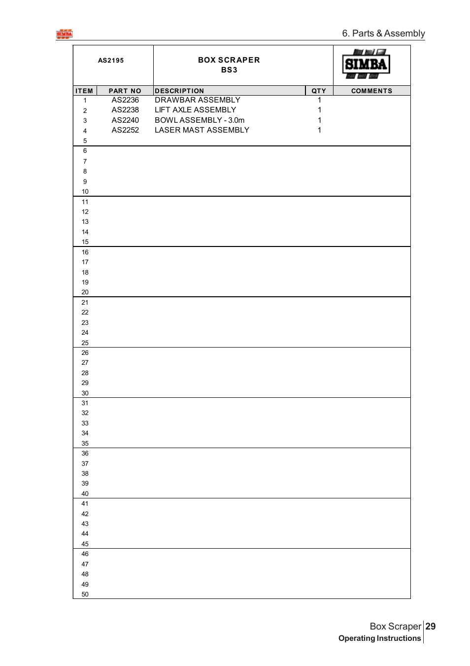 29 box scraper, Parts & assembly | Great Plains Box Scraper Assembly Instructions User Manual | Page 3 / 26