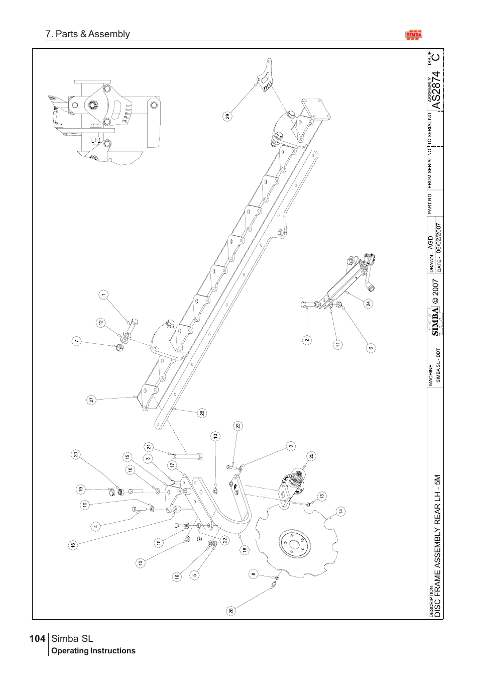 Cas 2874, Parts & assembly simba sl | Great Plains Simba SL 2009 Assembly Instructions User Manual | Page 70 / 156