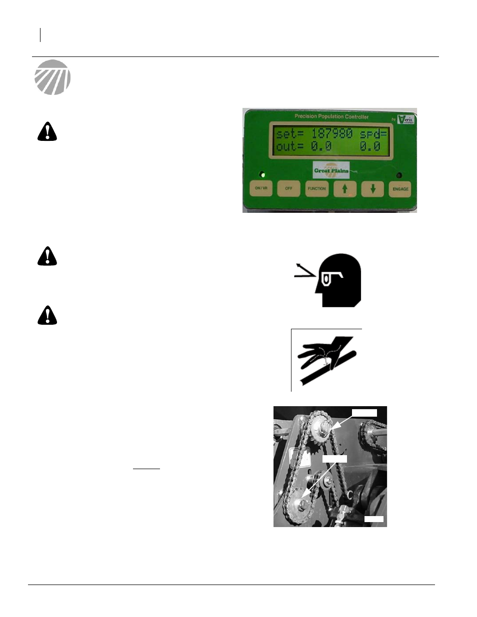 Veris drive operating instructions, Sprockets hydraulic system electrical system, Warning | Caution | Great Plains 3N-3020 Material Rate User Manual | Page 6 / 26