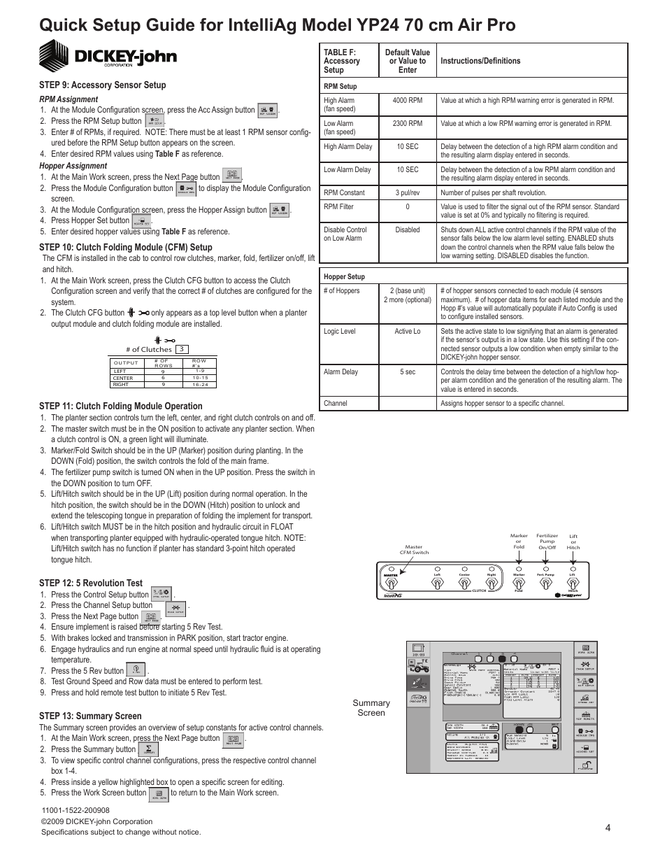 Step 10: clutch folding module (cfm) setup, Step 11: clutch folding module operation, Step 12: 5 revolution test | Step 13: summary screen, Step 9: accessory sensor setup | Great Plains YP2425A-2470 24 Row 70 cm Quick Start User Manual | Page 4 / 5