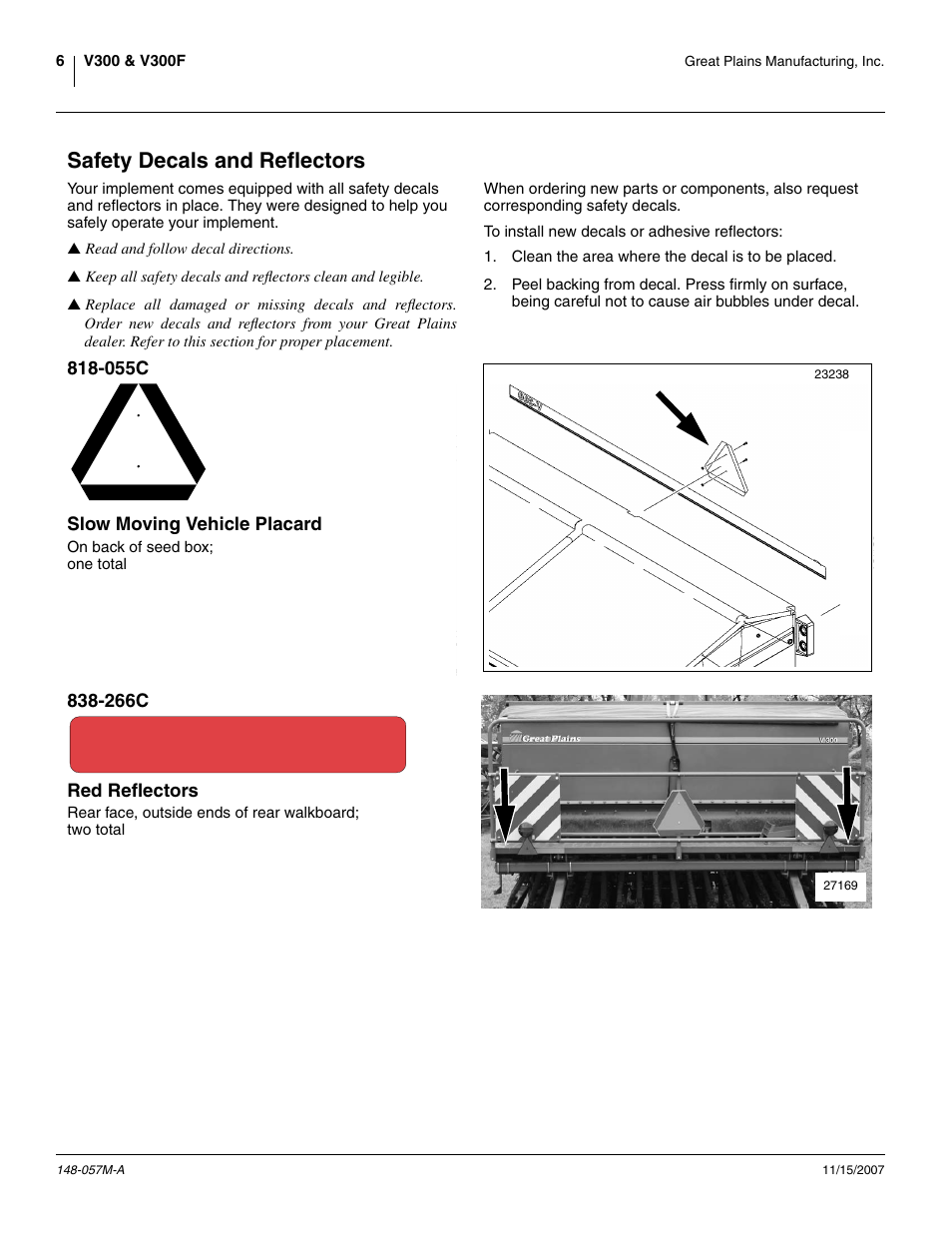 Safety decals and reflectors, 055c slow moving vehicle placard, 266c red reflectors | Great Plains V-300F Operator Manual User Manual | Page 10 / 132