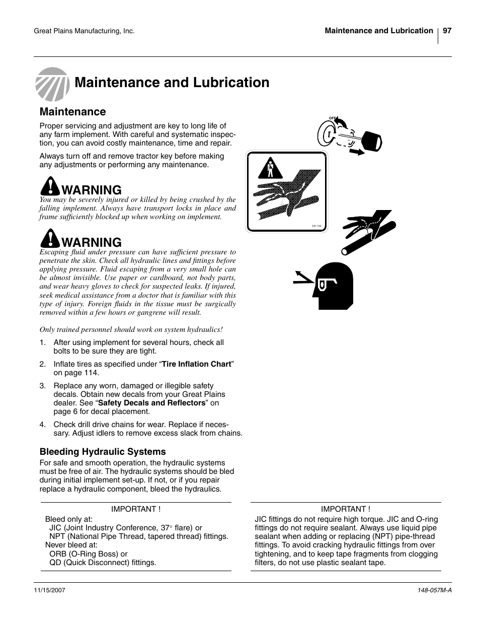 Maintenance and lubrication, Maintenance, Bleeding hydraulic systems | Maintenance and lubrication maintenance, Warning | Great Plains V-300F Operator Manual User Manual | Page 101 / 132