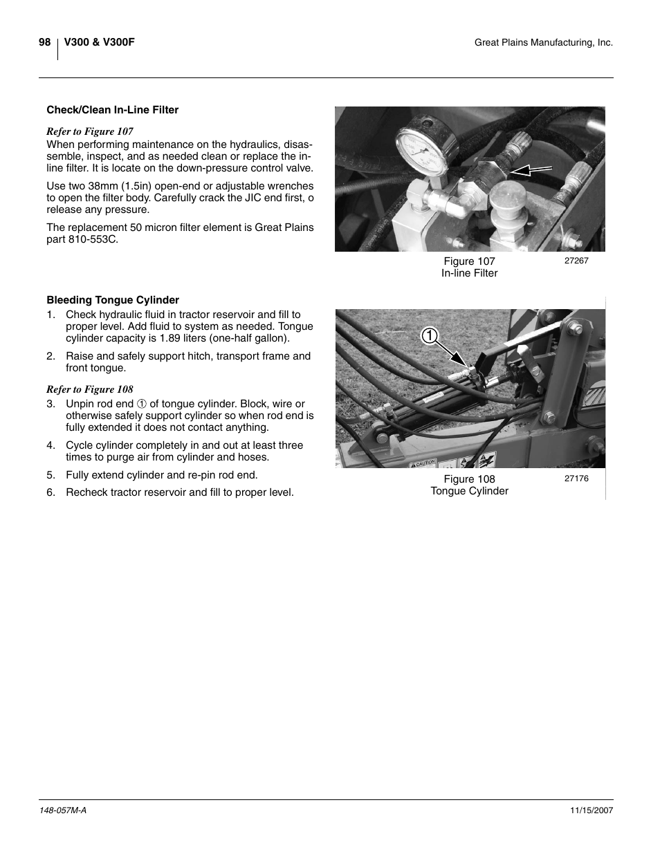 Check/clean in-line filter, Bleeding tongue cylinder | Great Plains V-300F Operator Manual User Manual | Page 102 / 132