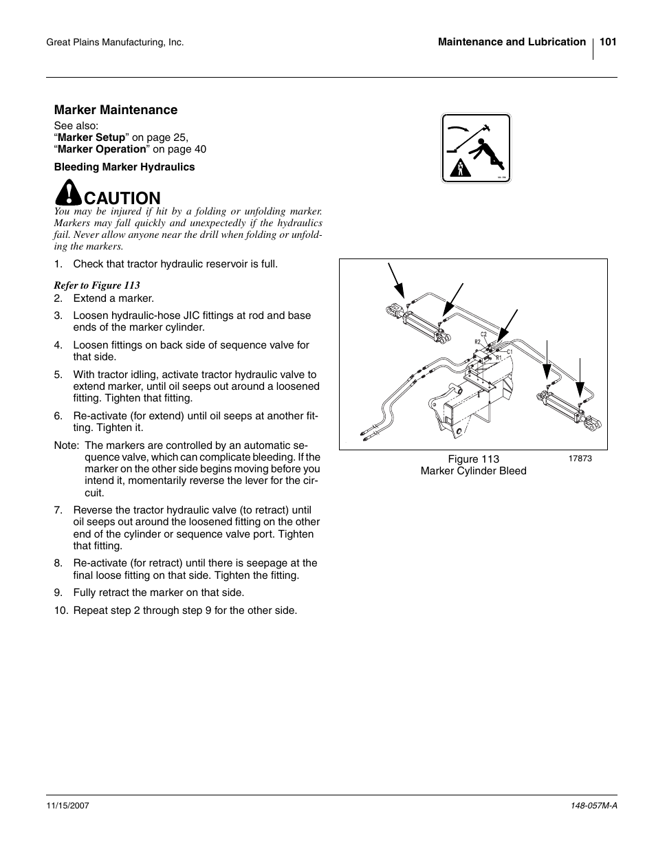 Marker maintenance, Bleeding marker hydraulics, Caution | Great Plains V-300F Operator Manual User Manual | Page 105 / 132