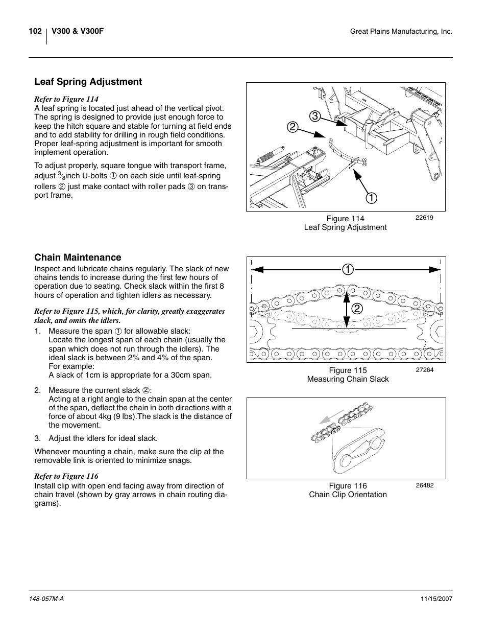 Leaf spring adjustment, Chain maintenance, Leaf spring adjustment chain maintenance | Great Plains V-300F Operator Manual User Manual | Page 106 / 132