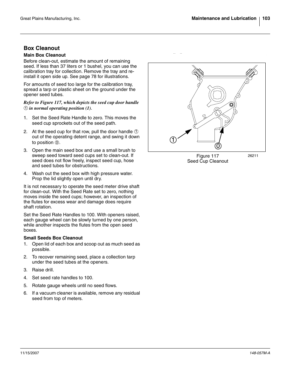 Box cleanout, Main box cleanout, Small seeds box cleanout | Main box cleanout small seeds box cleanout | Great Plains V-300F Operator Manual User Manual | Page 107 / 132