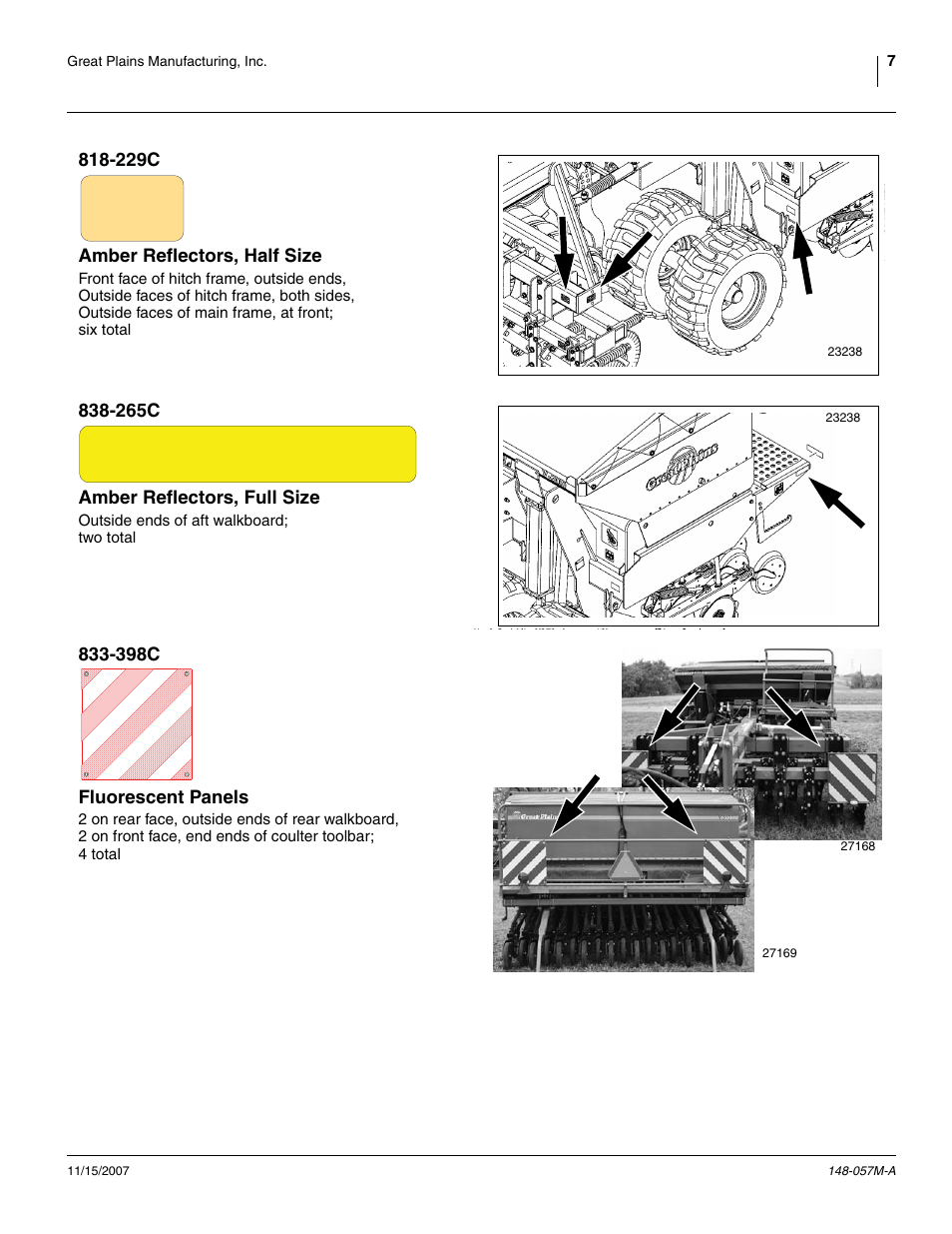 229c amber reflectors, half size, 265c amber reflectors, full size, 398c fluorescent panels | Great Plains V-300F Operator Manual User Manual | Page 11 / 132