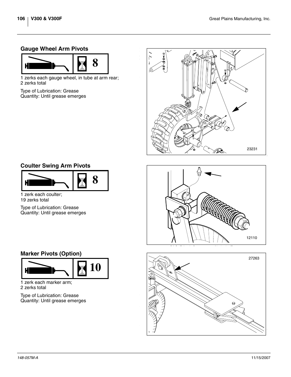 Gauge wheel arm pivots, Coulter swing arm pivots, Marker pivots (option) | Great Plains V-300F Operator Manual User Manual | Page 110 / 132