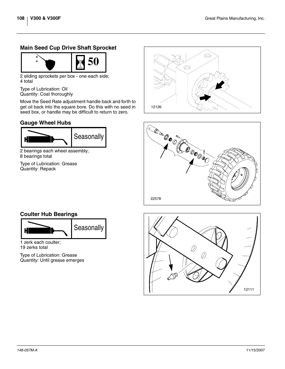 Main seed cup drive shaft sprocket, Gauge wheel hubs, Coulter hub bearings | Seasonally | Great Plains V-300F Operator Manual User Manual | Page 112 / 132