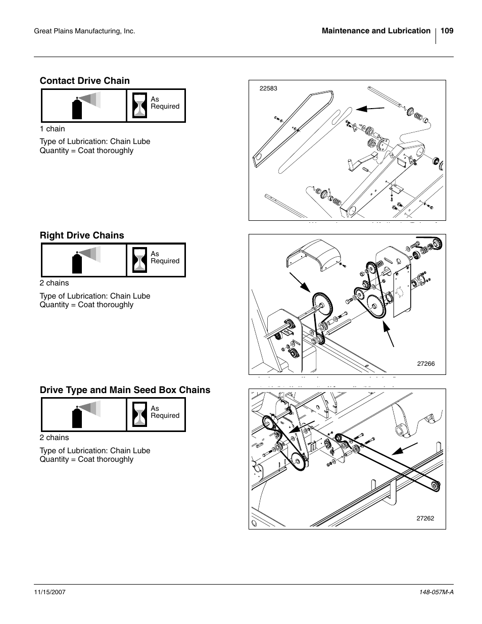 Contact drive chain, Right drive chains, Drive type and main seed box chains | Great Plains V-300F Operator Manual User Manual | Page 113 / 132