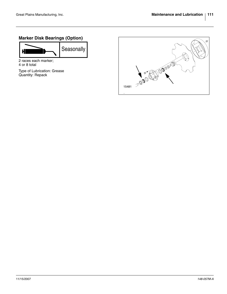 Marker disk bearings (option), Seasonally | Great Plains V-300F Operator Manual User Manual | Page 115 / 132