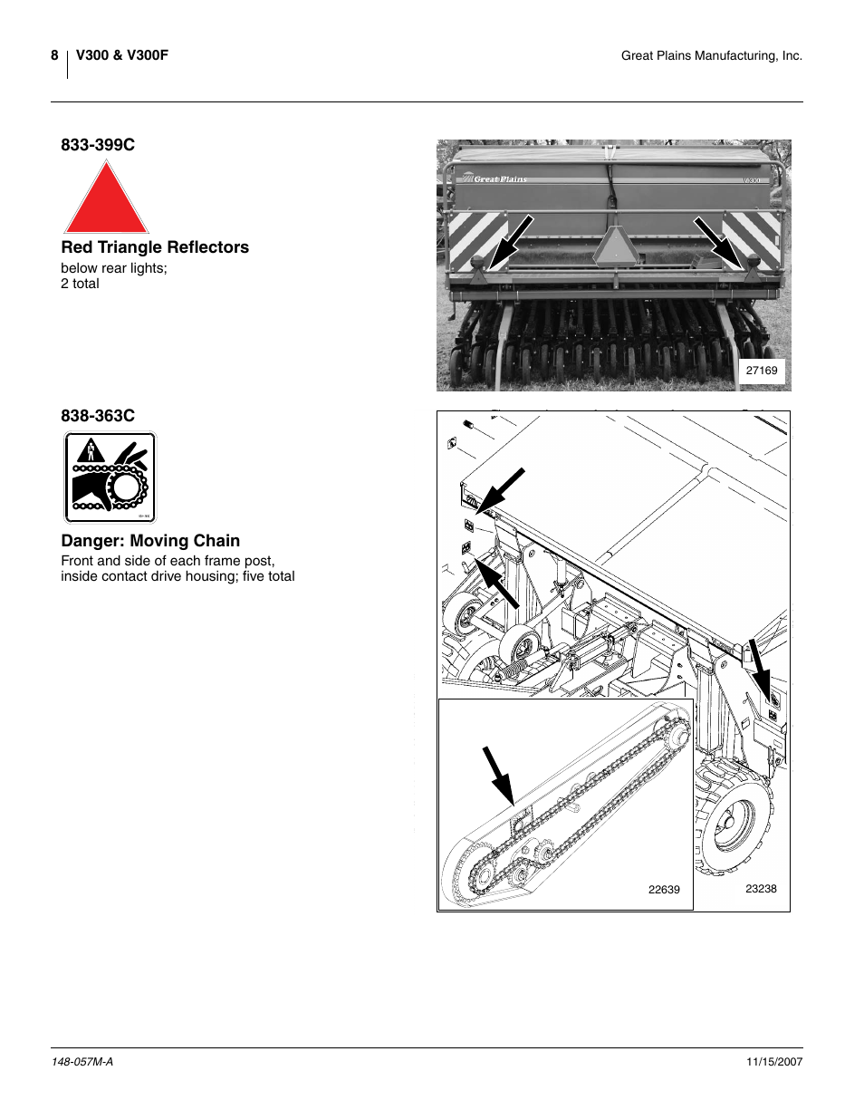 399c red triangle reflectors, 363c danger: moving chain | Great Plains V-300F Operator Manual User Manual | Page 12 / 132