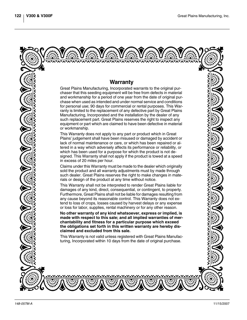 Warranty | Great Plains V-300F Operator Manual User Manual | Page 126 / 132