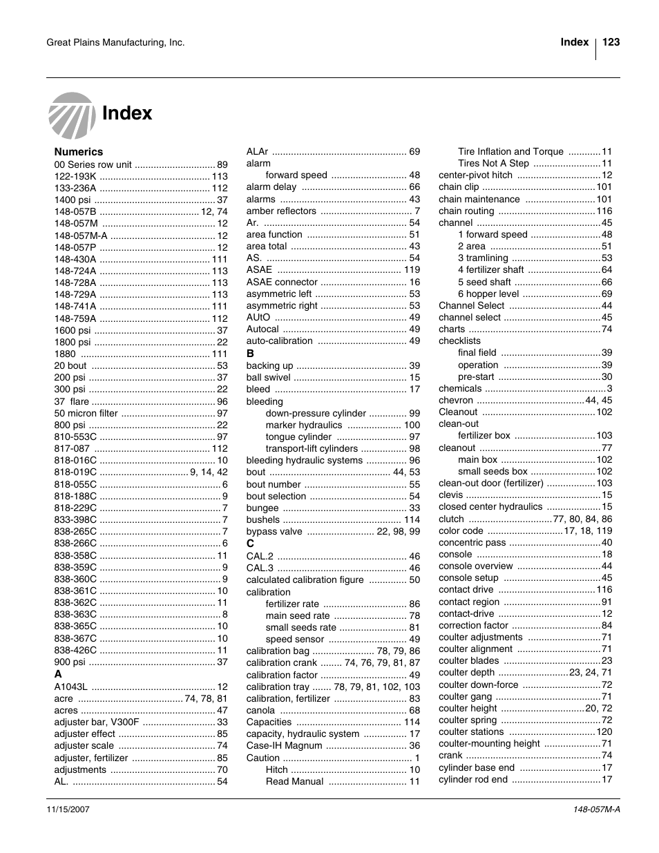 Index | Great Plains V-300F Operator Manual User Manual | Page 127 / 132