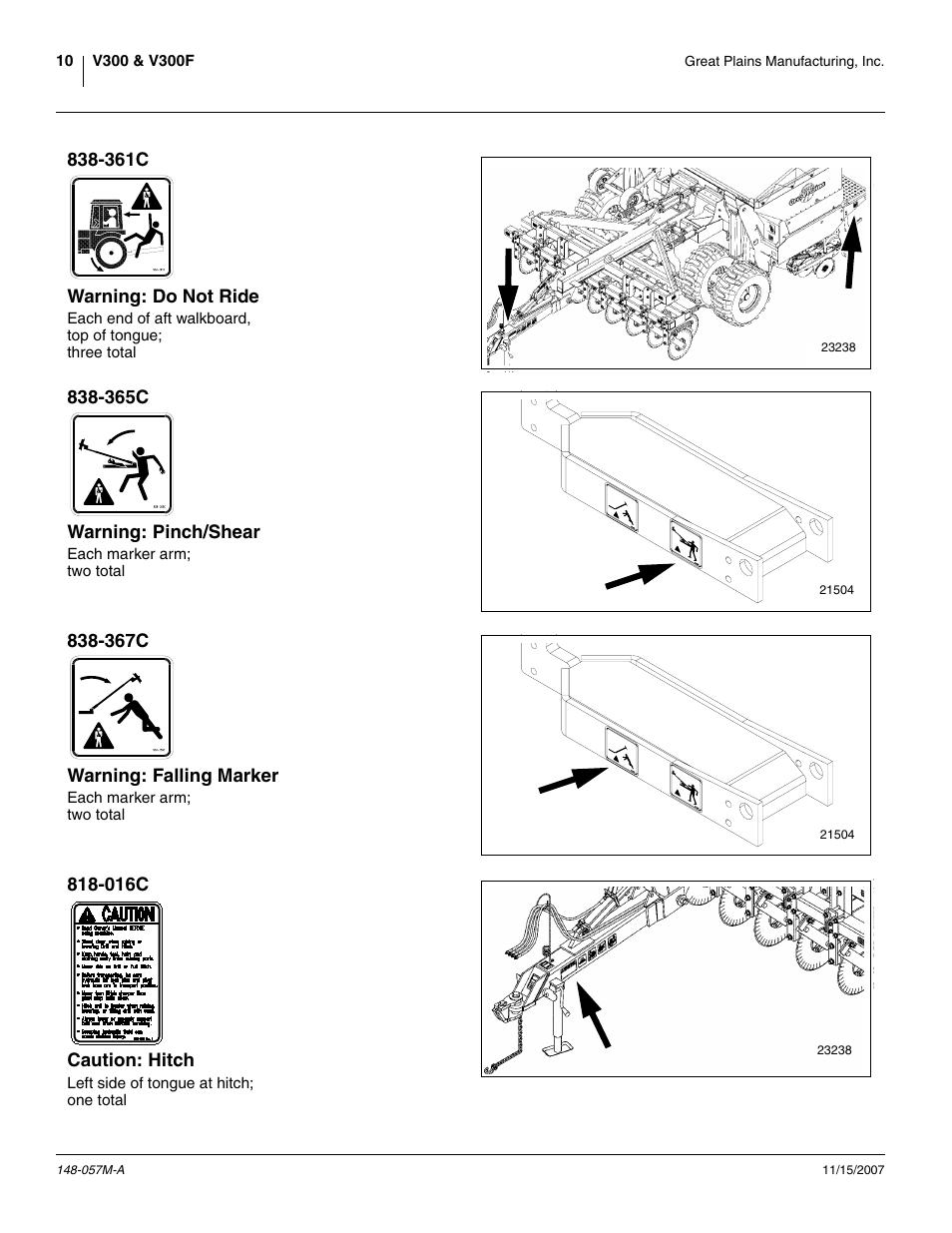 361c warning: do not ride, 365c warning: pinch/shear, 367c warning: falling marker | 016c caution: hitch | Great Plains V-300F Operator Manual User Manual | Page 14 / 132