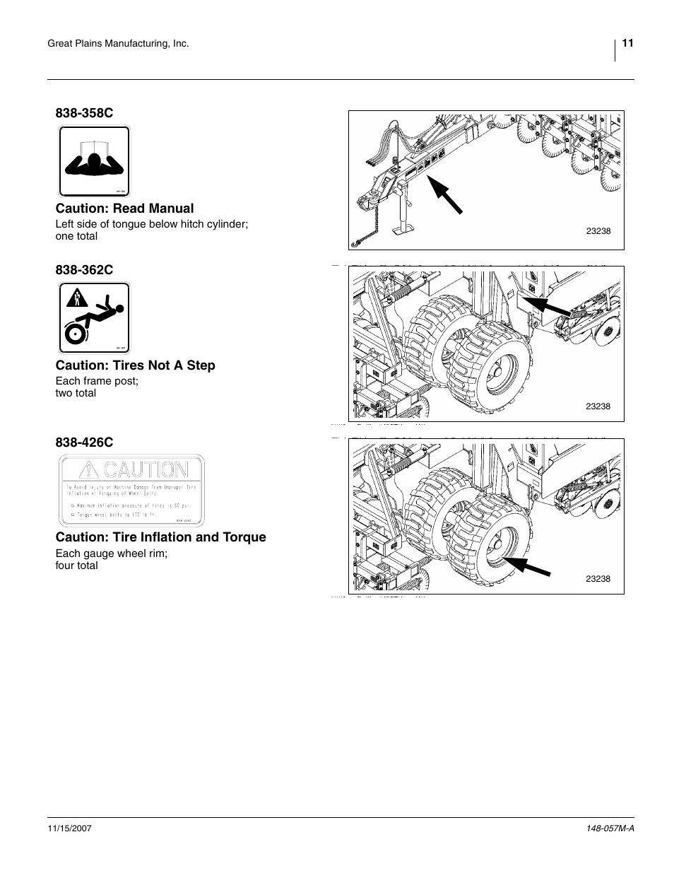 358c caution: read manual, 362c caution: tires not a step, 426c caution: tire inflation and torque | Great Plains V-300F Operator Manual User Manual | Page 15 / 132