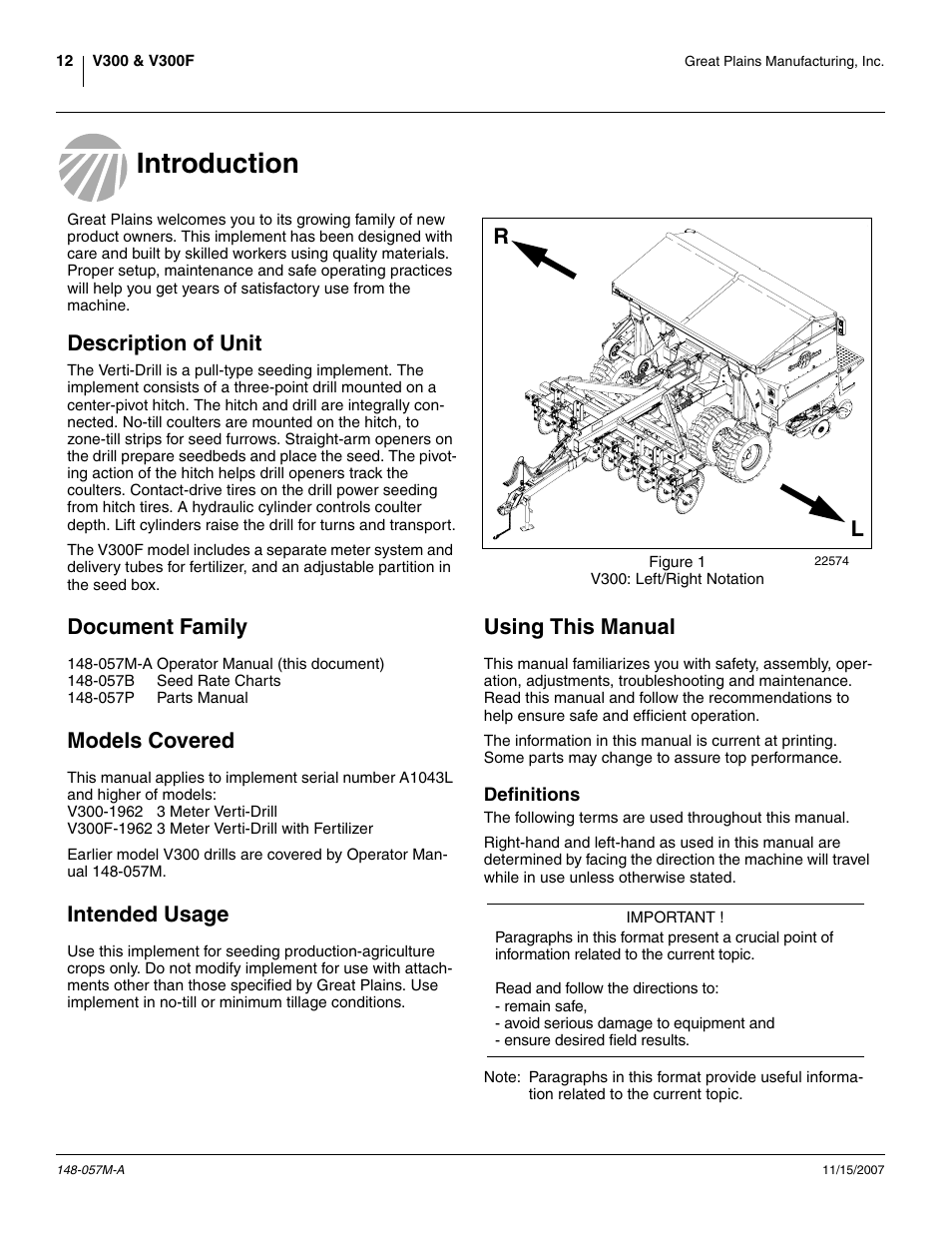 Introduction, Description of unit, Document family | Models covered, Intended usage, Using this manual, Definitions | Great Plains V-300F Operator Manual User Manual | Page 16 / 132