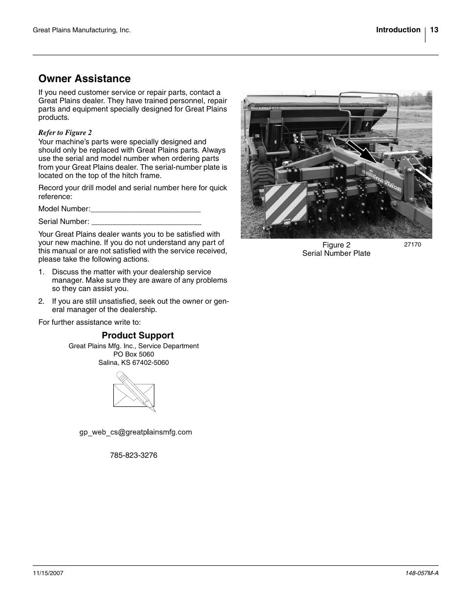 Owner assistance | Great Plains V-300F Operator Manual User Manual | Page 17 / 132