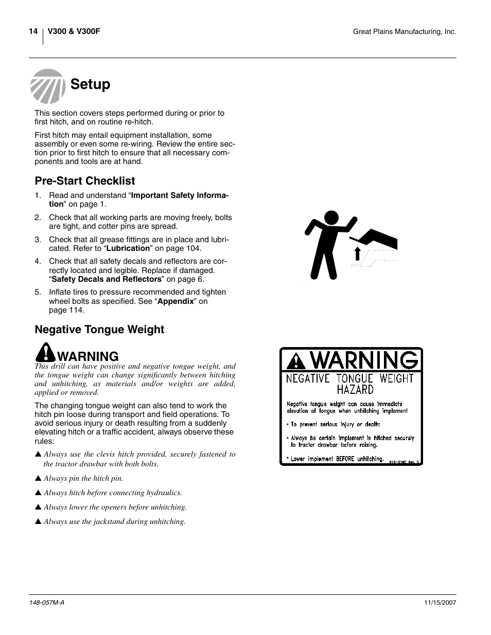 Setup, Pre-start checklist, Negative tongue weight | Setup pre-start checklist negative tongue weight, Warning | Great Plains V-300F Operator Manual User Manual | Page 18 / 132