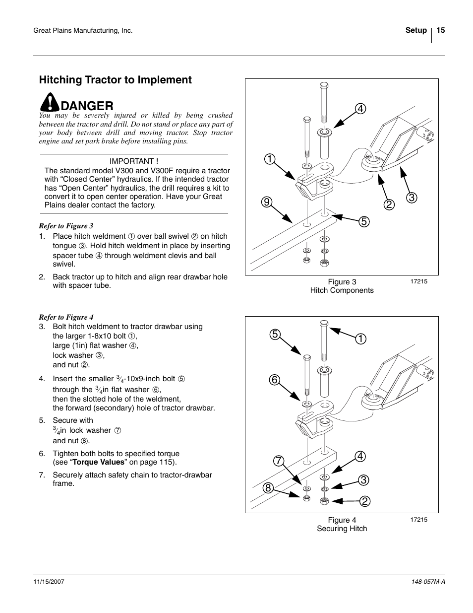 Hitching tractor to implement, Danger | Great Plains V-300F Operator Manual User Manual | Page 19 / 132