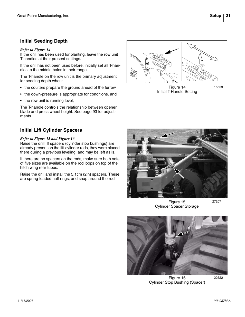 Initial seeding depth, Initial lift cylinder spacers | Great Plains V-300F Operator Manual User Manual | Page 25 / 132