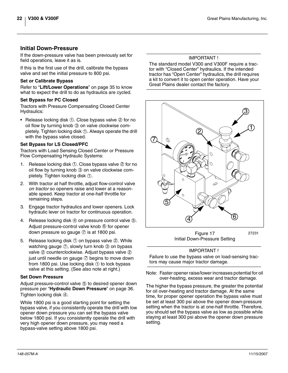 Initial down-pressure, Set or calibrate bypass, Set bypass for pc closed | Set bypass for ls closed/pfc, Set down pressure | Great Plains V-300F Operator Manual User Manual | Page 26 / 132