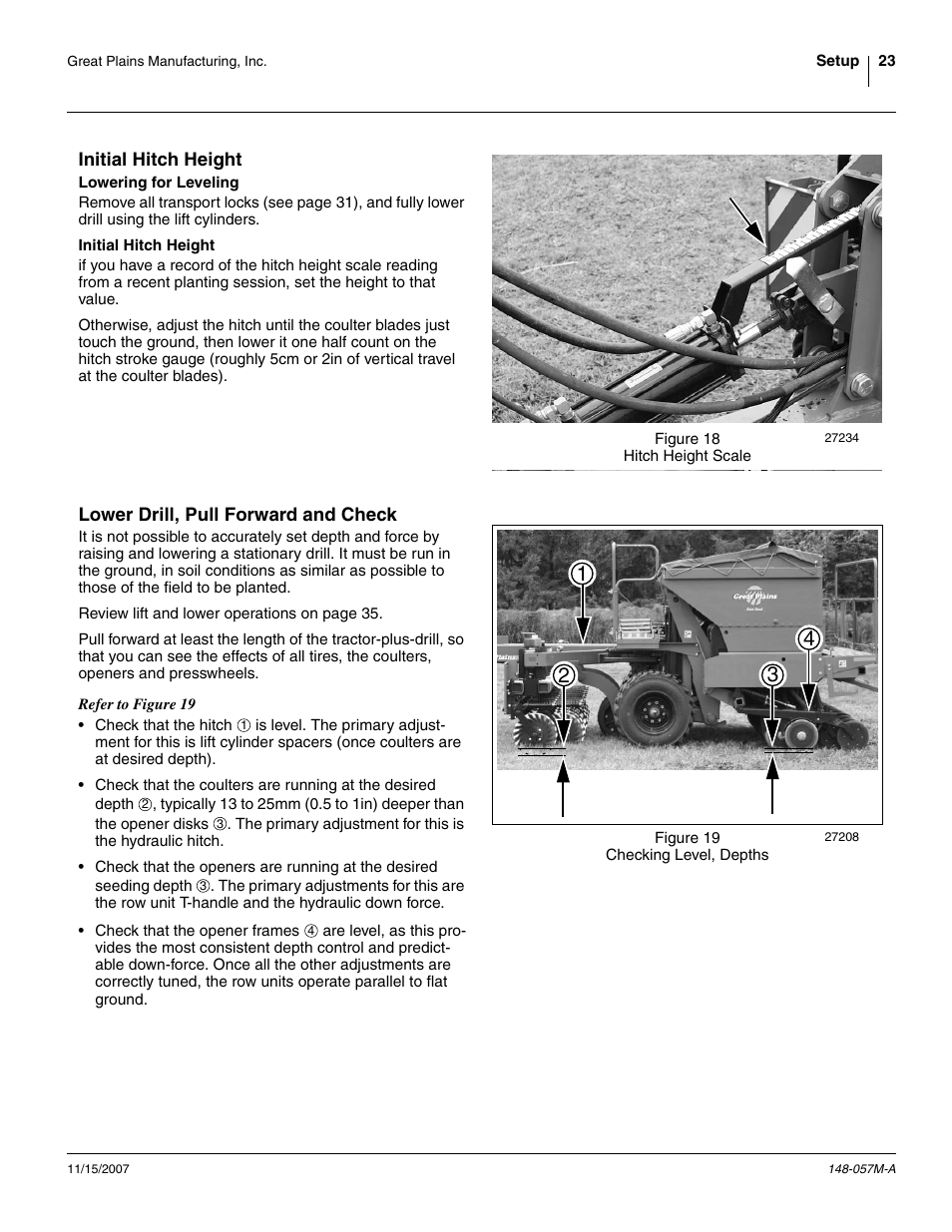 Initial hitch height, Lowering for leveling, Lower drill, pull forward and check | Lowering for leveling initial hitch height | Great Plains V-300F Operator Manual User Manual | Page 27 / 132