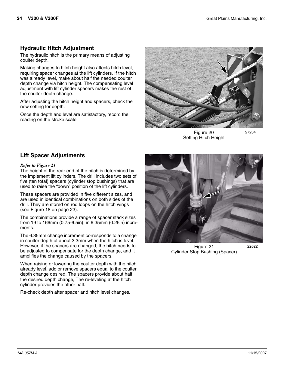 Hydraulic hitch adjustment, Lift spacer adjustments, Hydraulic hitch adjustment lift spacer adjustments | Great Plains V-300F Operator Manual User Manual | Page 28 / 132