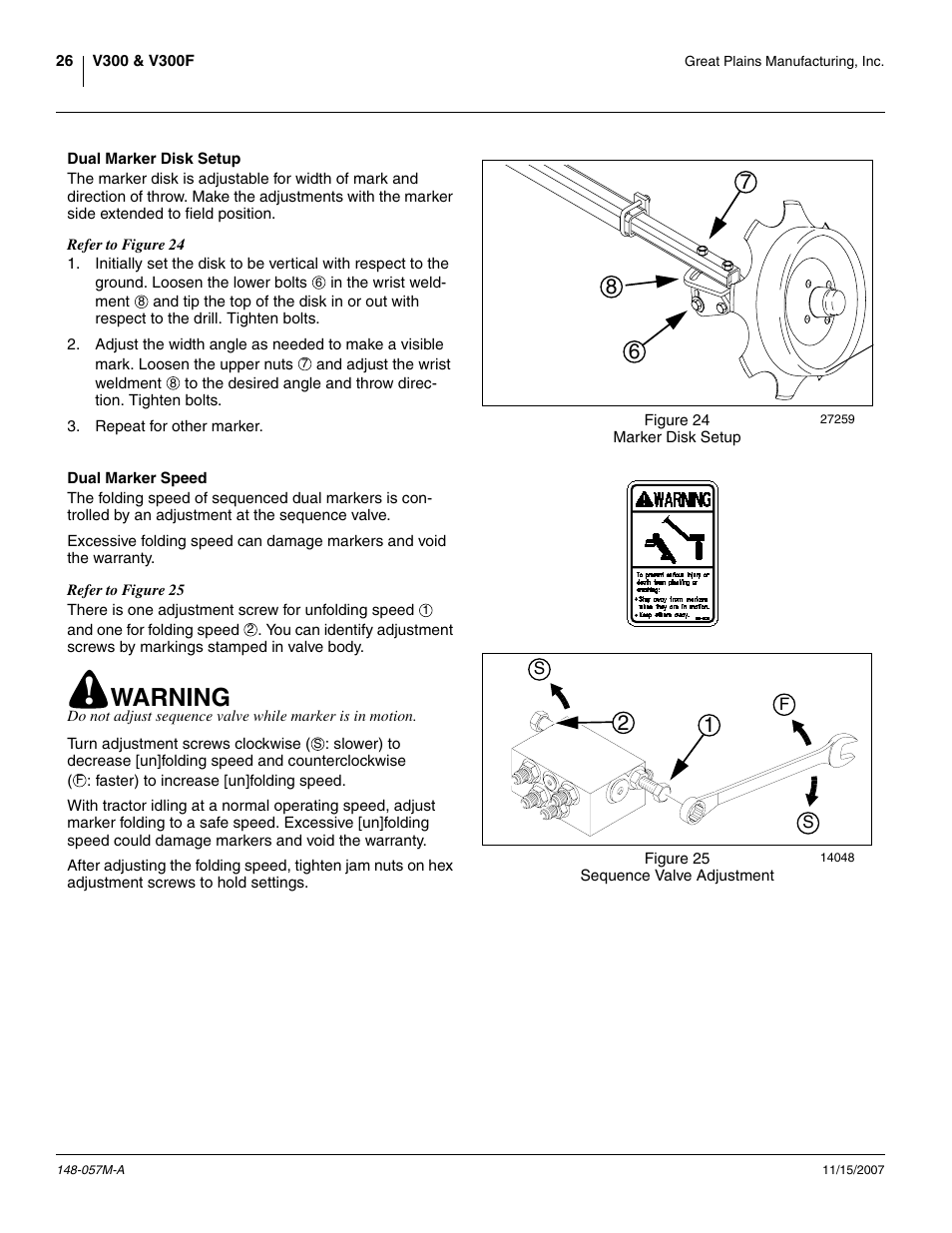 Dual marker disk setup, Dual marker speed, Dual marker disk setup dual marker speed | Warning | Great Plains V-300F Operator Manual User Manual | Page 30 / 132