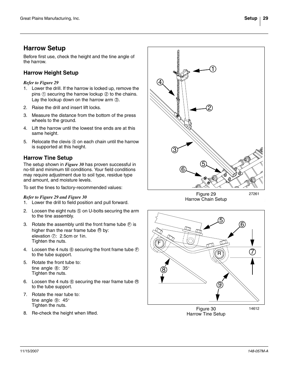 Harrow setup, Harrow height setup, Harrow tine setup | Harrow height setup harrow tine setup | Great Plains V-300F Operator Manual User Manual | Page 33 / 132