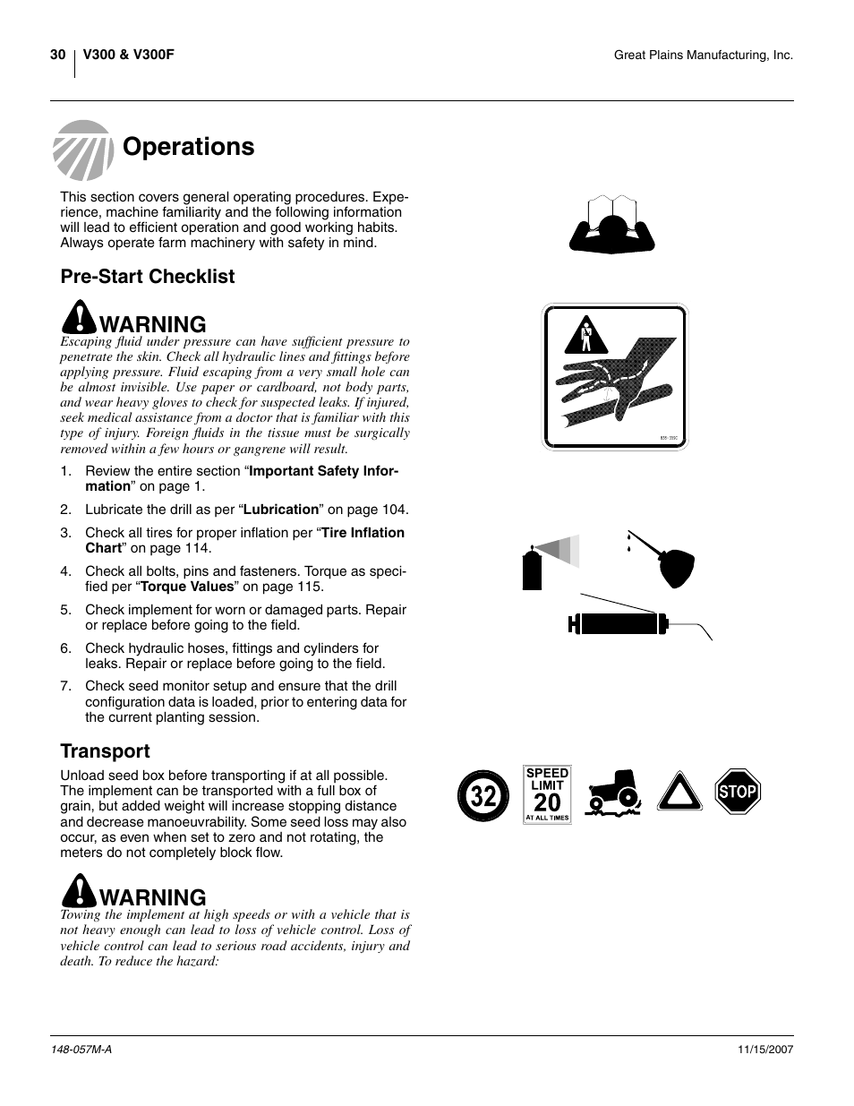 Operations, Pre-start checklist, Transport | Operations pre-start checklist transport, Warning | Great Plains V-300F Operator Manual User Manual | Page 34 / 132