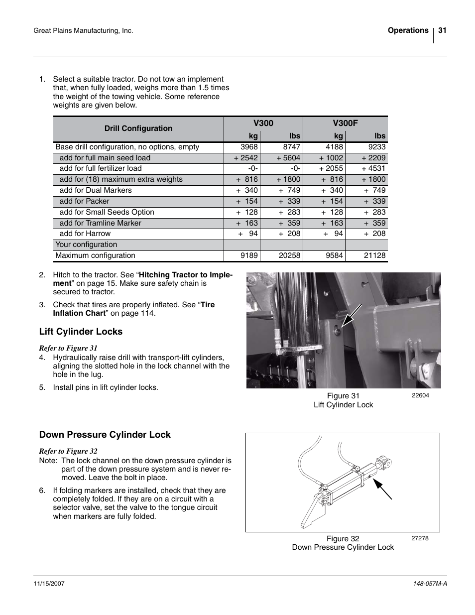 Lift cylinder locks, Down pressure cylinder lock, Lift cylinder locks down pressure cylinder lock | Great Plains V-300F Operator Manual User Manual | Page 35 / 132