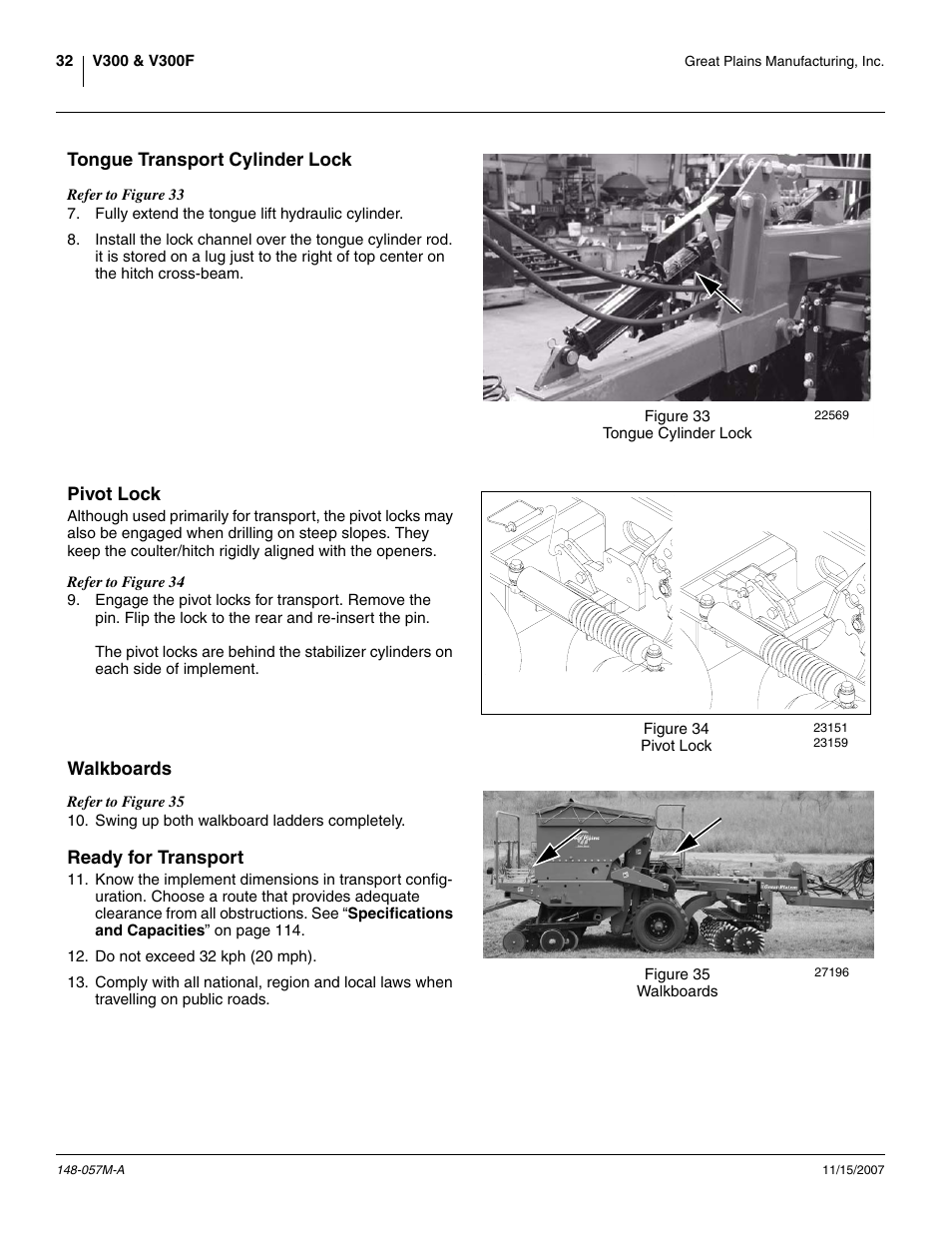 Pivot lock, Walkboards, Ready for transport | Pivot lock walkboards ready for transport | Great Plains V-300F Operator Manual User Manual | Page 36 / 132