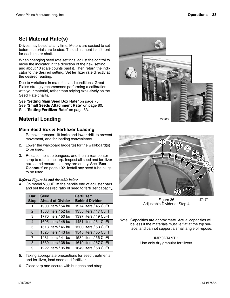 Set material rate(s), Material loading, Main seed box & fertilizer loading | Set material rate(s) material loading | Great Plains V-300F Operator Manual User Manual | Page 37 / 132