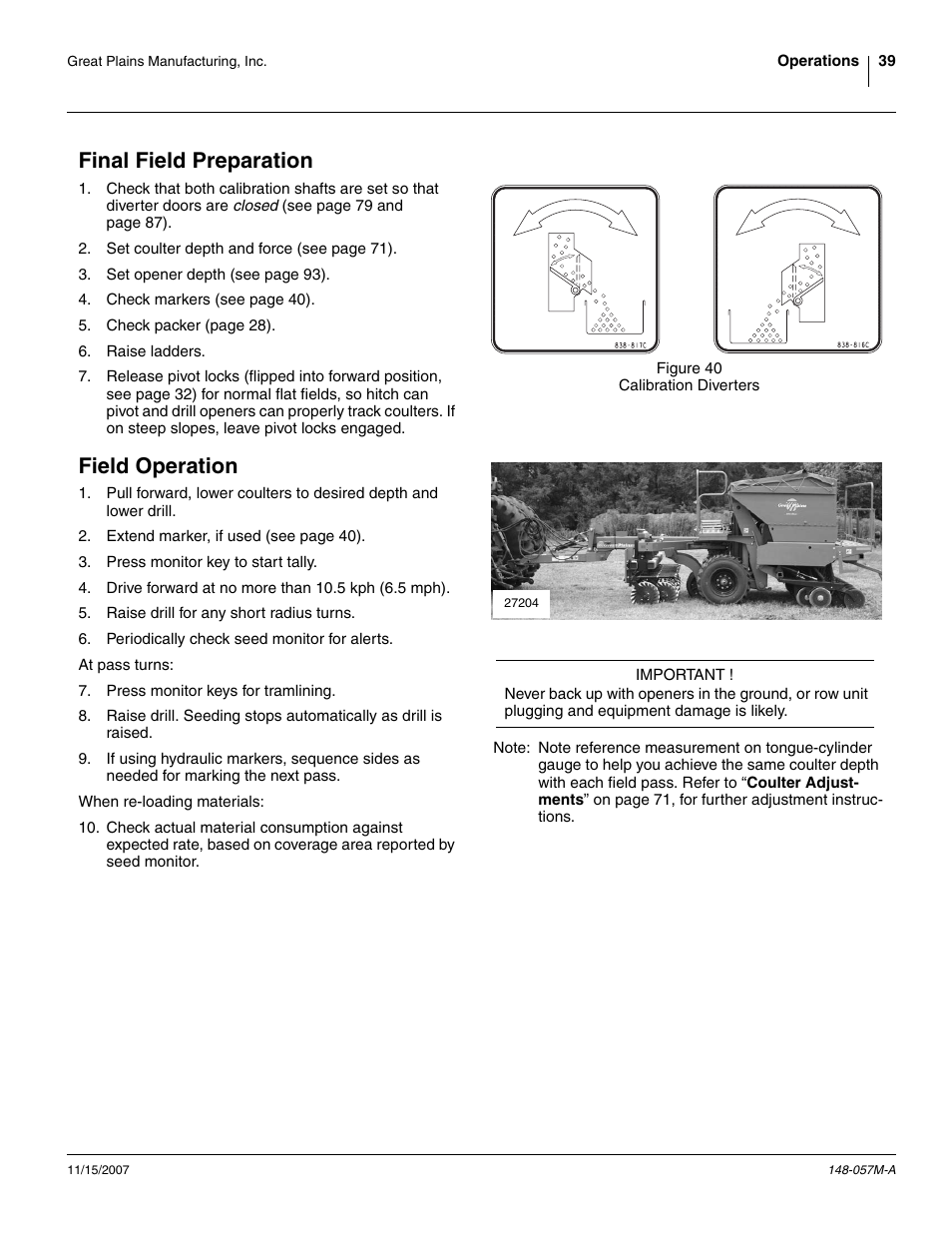 Final field preparation, Field operation, Final field preparation field operation | Great Plains V-300F Operator Manual User Manual | Page 43 / 132