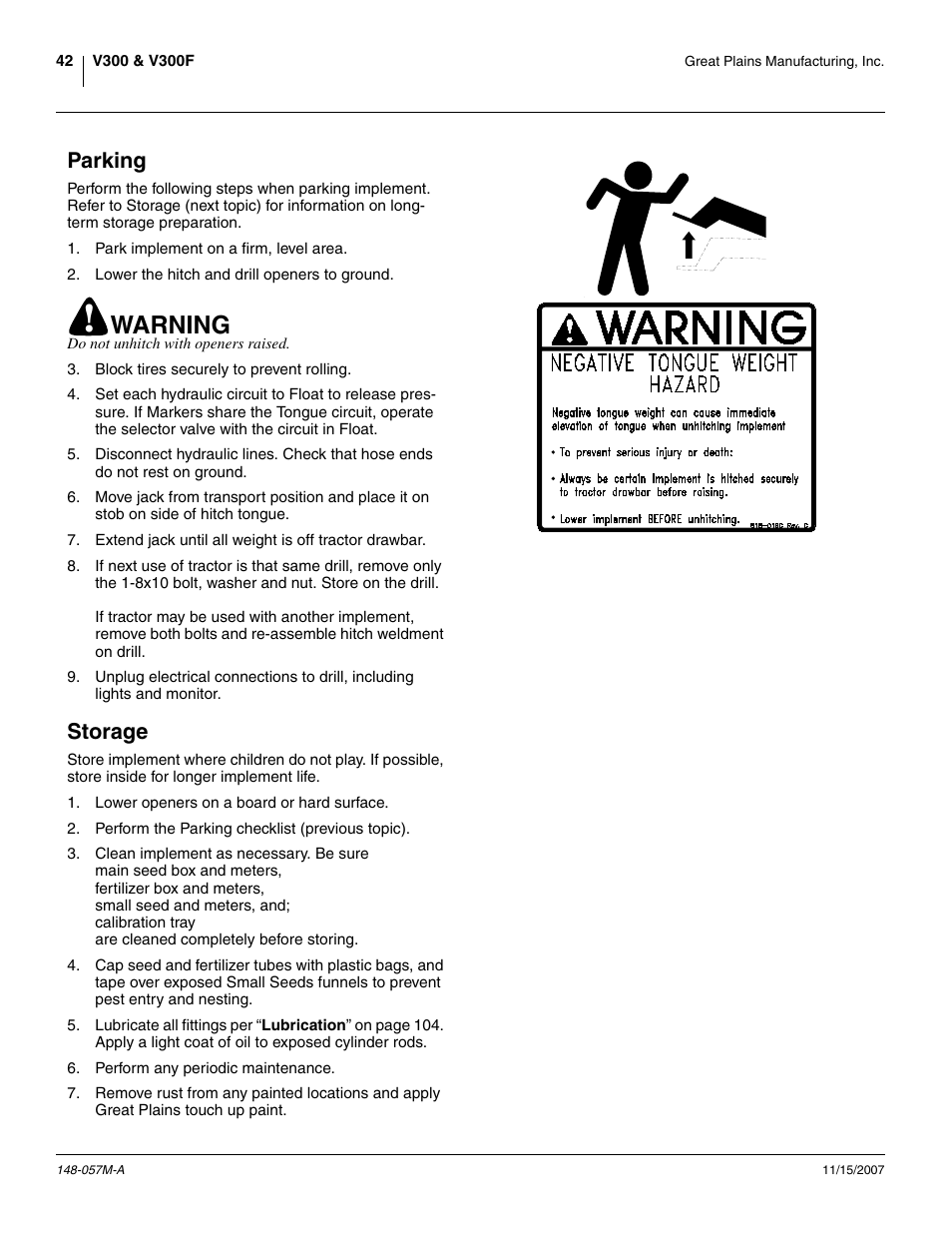 Parking, Storage, Parking storage | Warning | Great Plains V-300F Operator Manual User Manual | Page 46 / 132