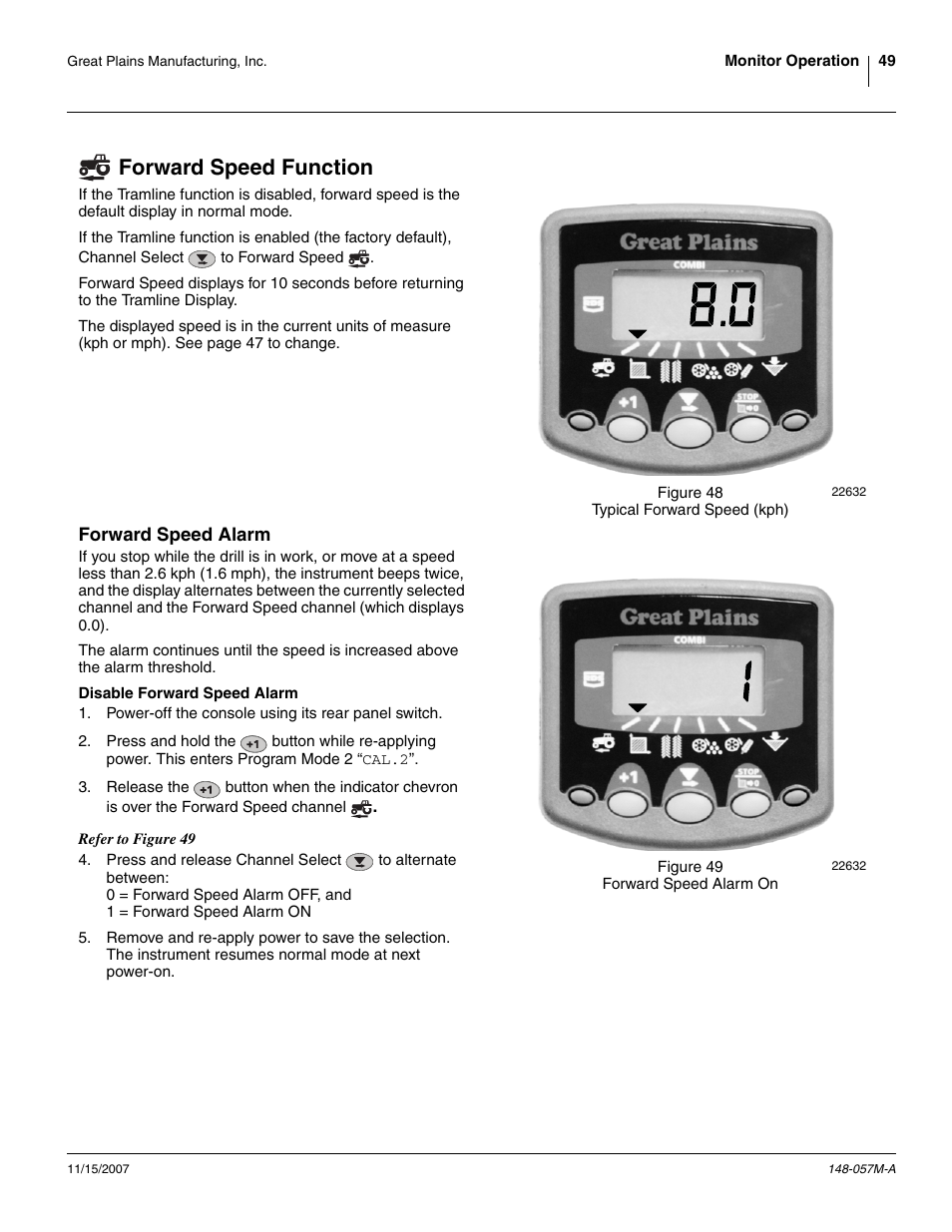 Forward speed function, Forward speed alarm, Disable forward speed alarm | Great Plains V-300F Operator Manual User Manual | Page 53 / 132