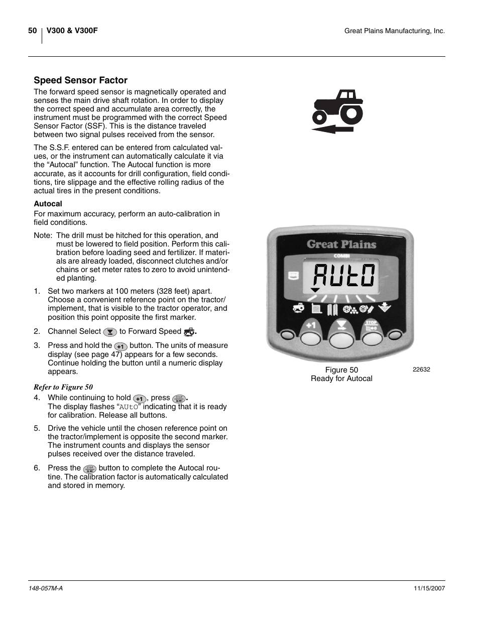 Speed sensor factor, Autocal | Great Plains V-300F Operator Manual User Manual | Page 54 / 132