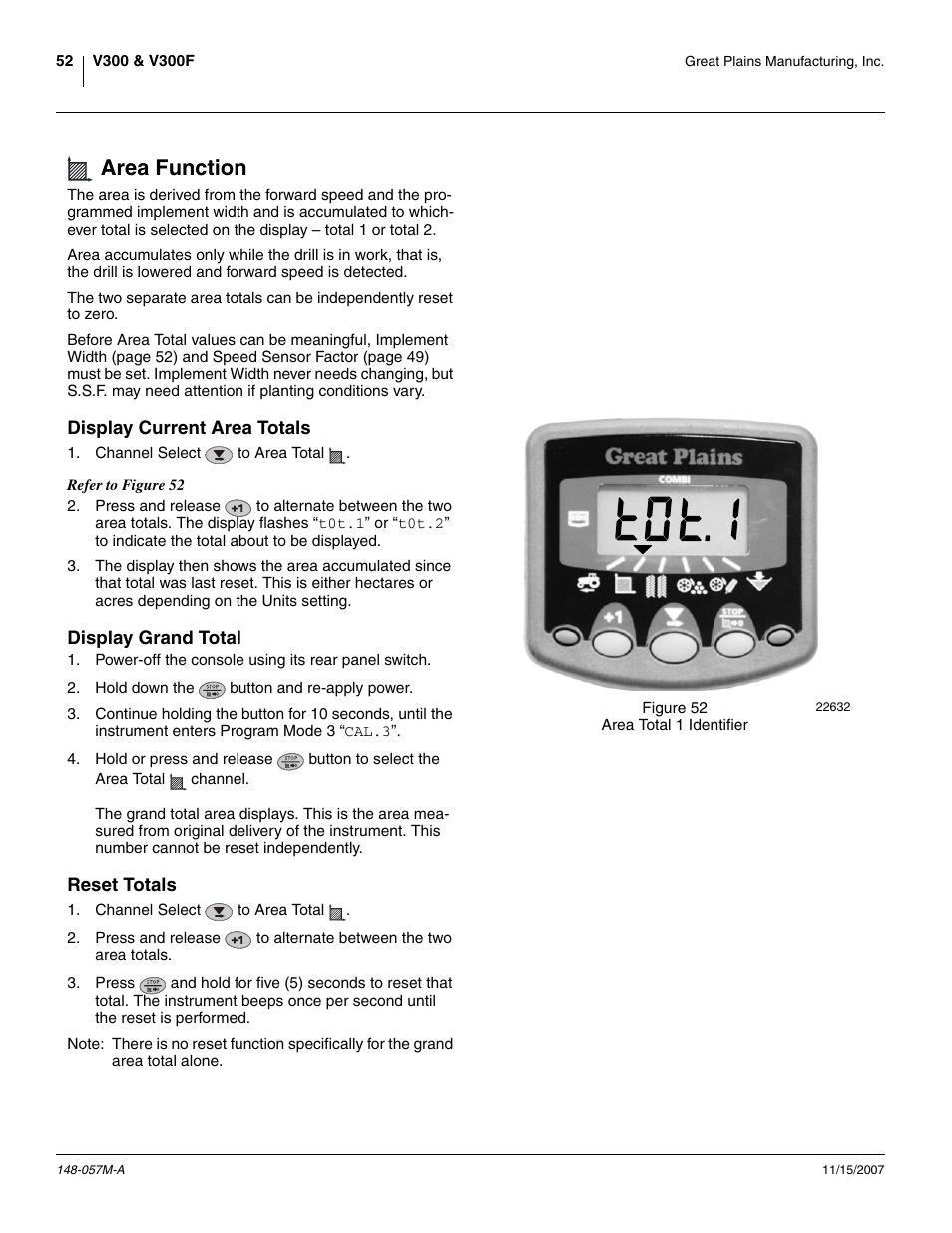 Area function, Display current area totals, Display grand total | Reset totals, Display grand total reset totals | Great Plains V-300F Operator Manual User Manual | Page 56 / 132