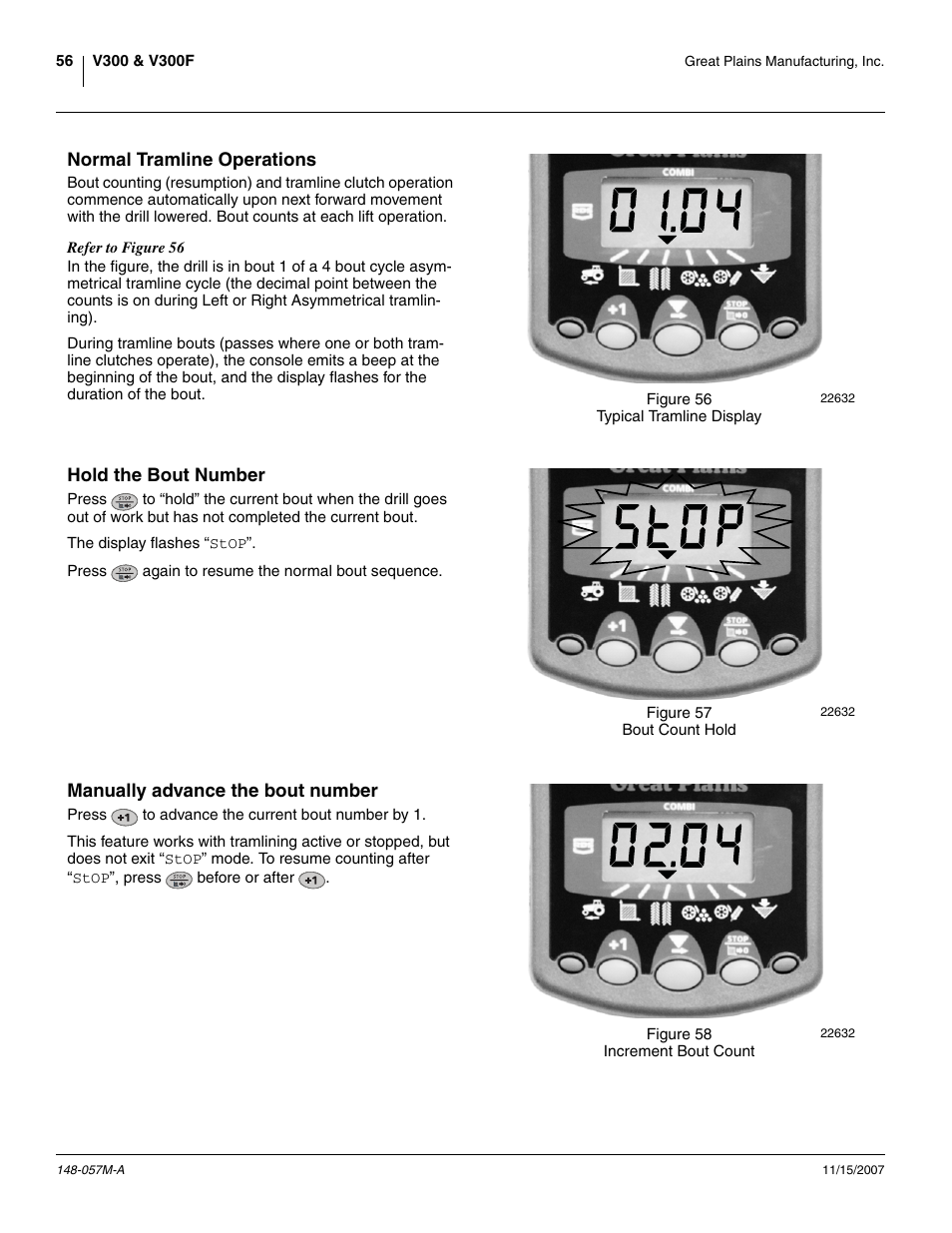 Normal tramline operations, Hold the bout number, Manually advance the bout number | Great Plains V-300F Operator Manual User Manual | Page 60 / 132