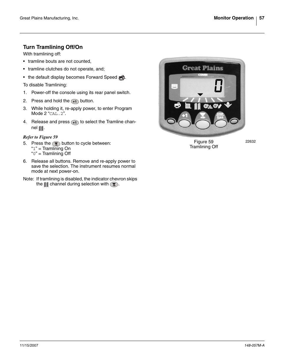 Turn tramlining off/on | Great Plains V-300F Operator Manual User Manual | Page 61 / 132