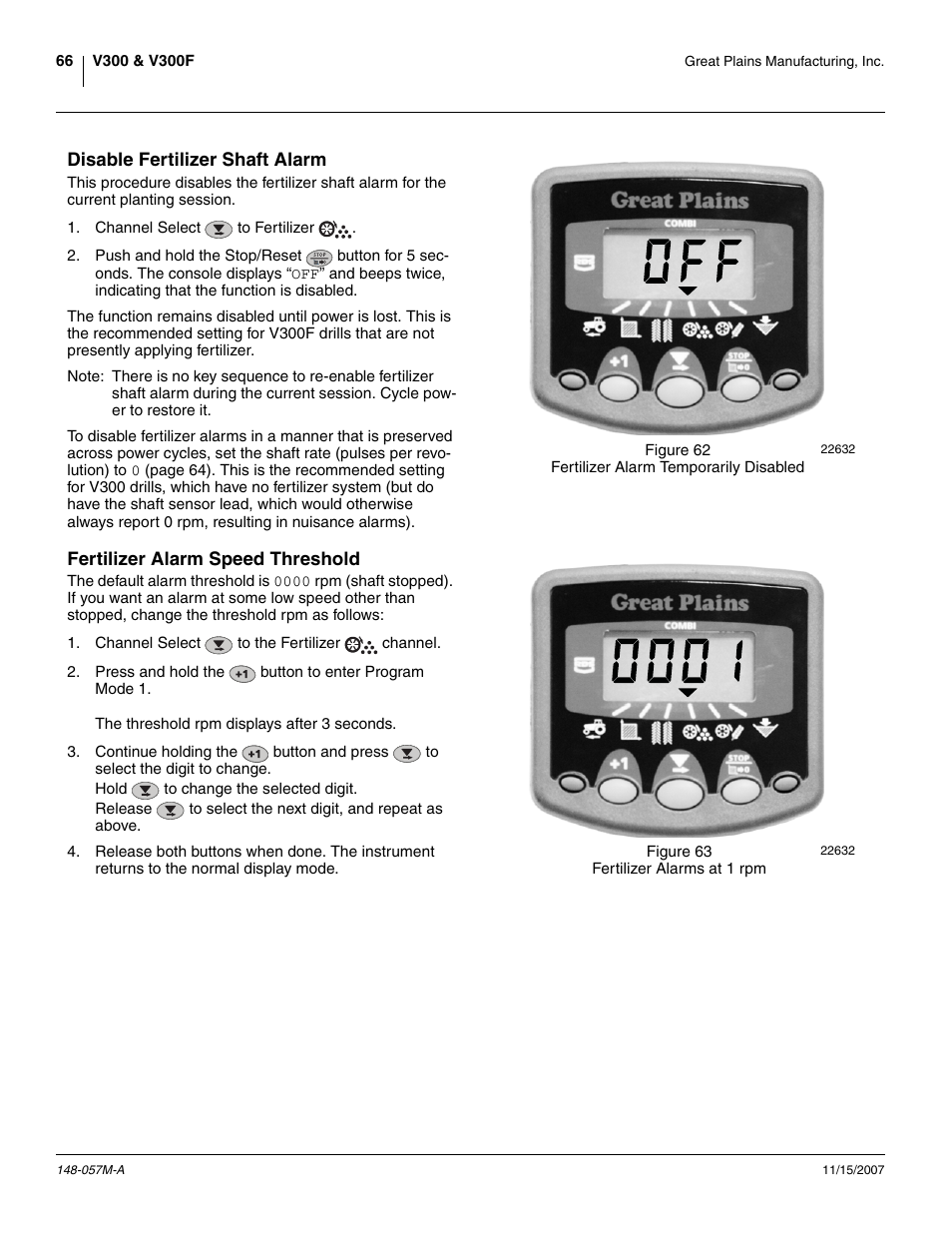 Disable fertilizer shaft alarm, Fertilizer alarm speed threshold | Great Plains V-300F Operator Manual User Manual | Page 70 / 132