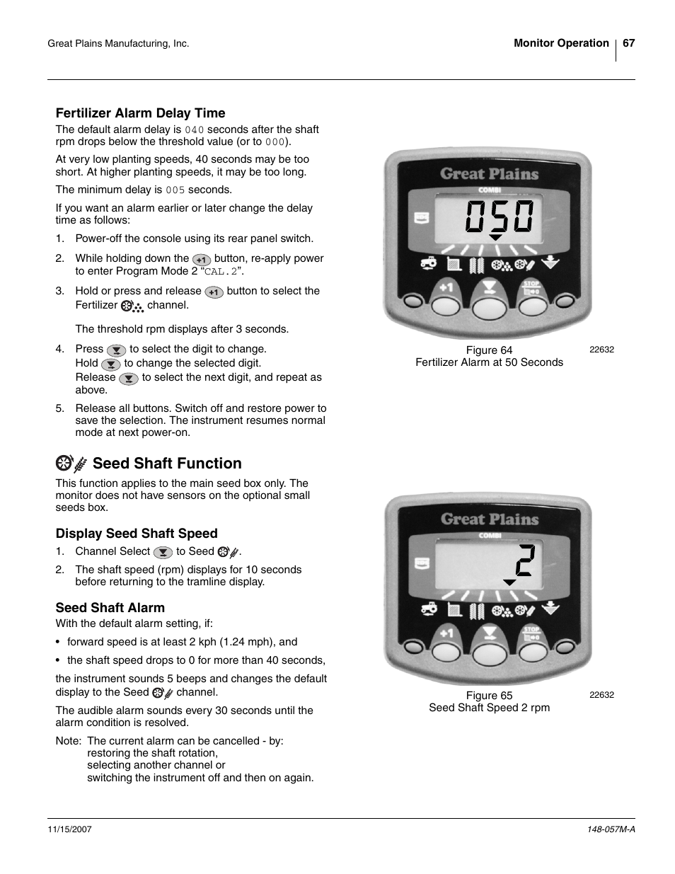 Fertilizer alarm delay time, Seed shaft function, Display seed shaft speed | Seed shaft alarm, Display seed shaft speed seed shaft alarm | Great Plains V-300F Operator Manual User Manual | Page 71 / 132