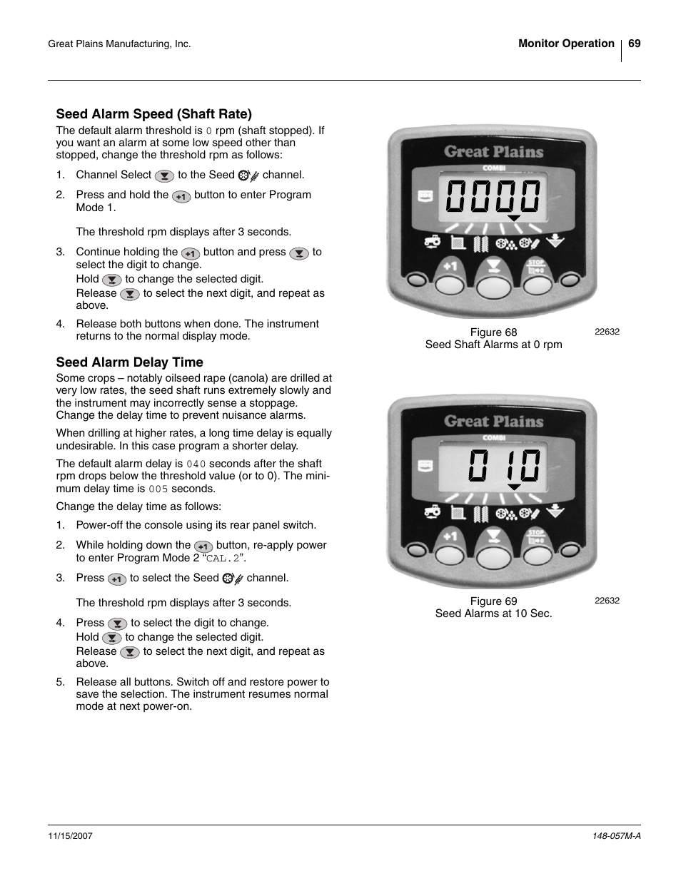 Seed alarm speed (shaft rate), Seed alarm delay time | Great Plains V-300F Operator Manual User Manual | Page 73 / 132