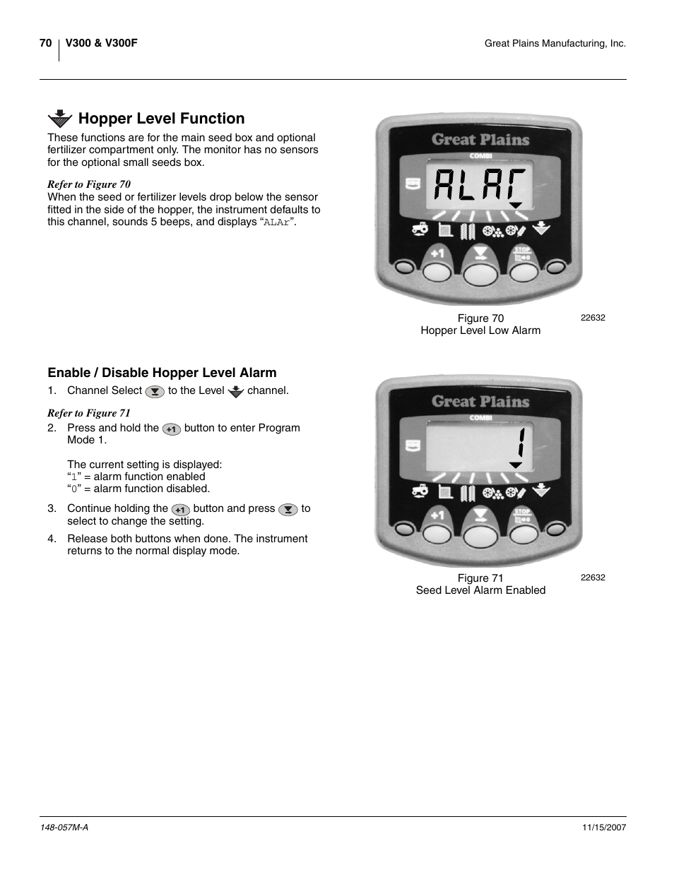 Hopper level function, Enable / disable hopper level alarm | Great Plains V-300F Operator Manual User Manual | Page 74 / 132